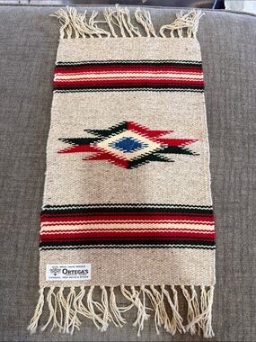 Ortega's Hand-Woven Wool Runner in Natural with Red & Green Tribal Motif
